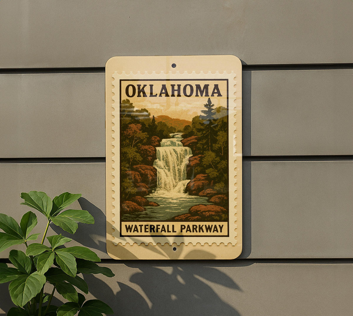 Oklahoma Waterfall Parkway Metal Sign – Vintage Stamp Style Wall Art, Rustic State Decor, Retro Travel Road Sign Gift — photo 5