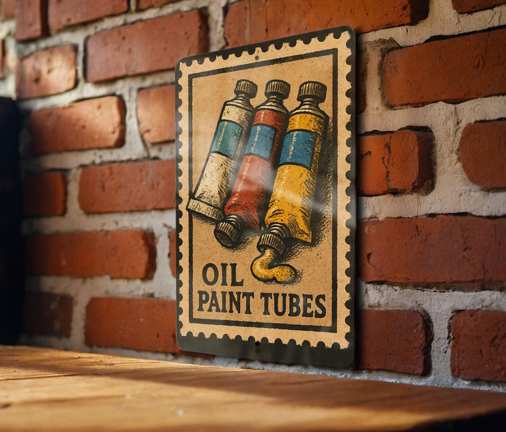 Vintage Oil Paint Tubes Metal Sign – Retro Artist Studio Wall Art, Stamp Style Painting Decor for Art Lovers & Creatives — photo 1
