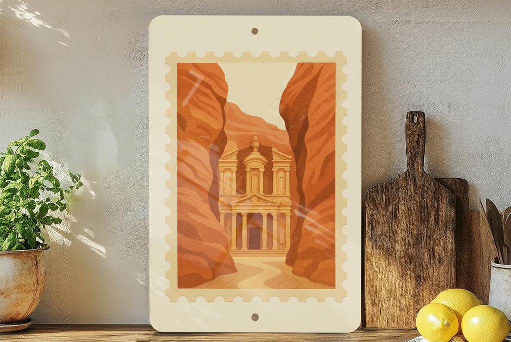Petra Treasury Metal Sign – Vintage Stamp Style Wall Art, Canyon Landmark Decor, Jordan Travel Gift, Rustic Home Accent — photo 1