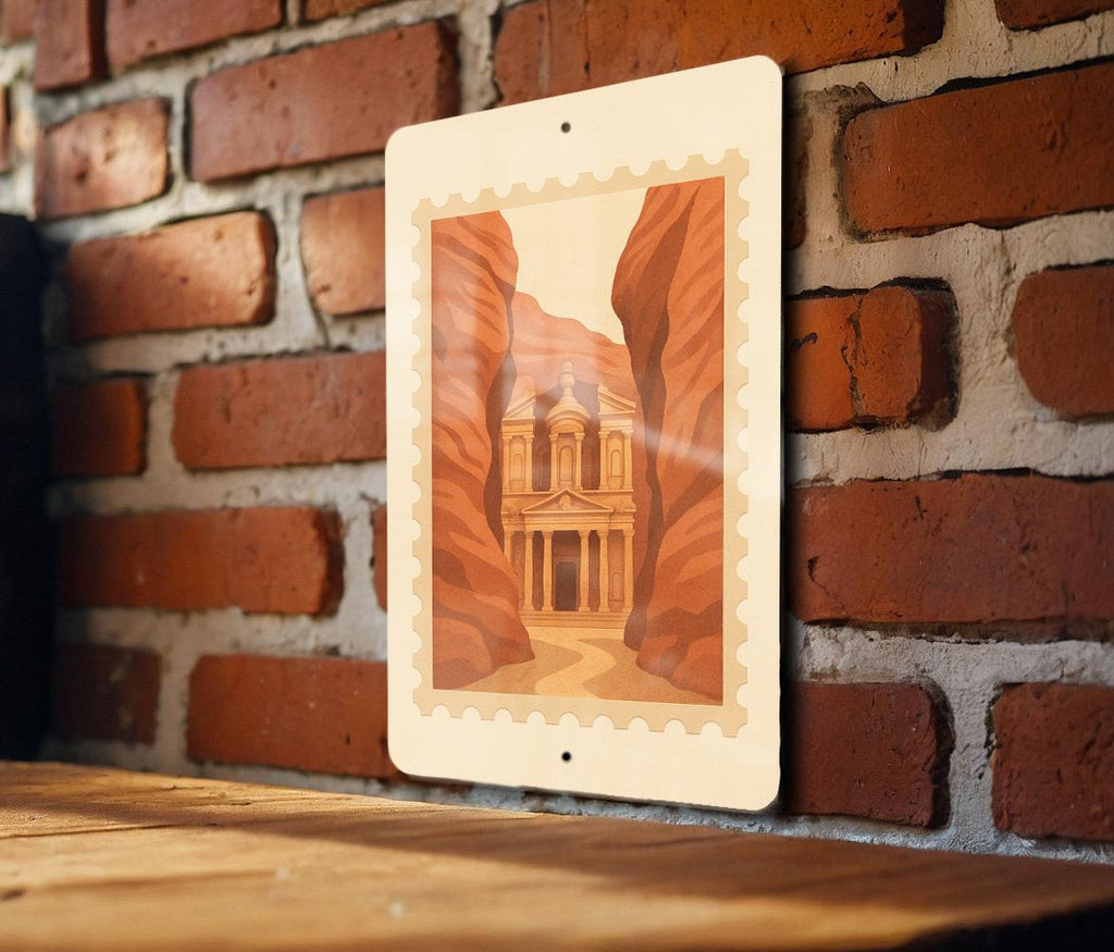 Petra Treasury Metal Sign – Vintage Stamp Style Wall Art, Canyon Landmark Decor, Jordan Travel Gift, Rustic Home Accent — photo 2