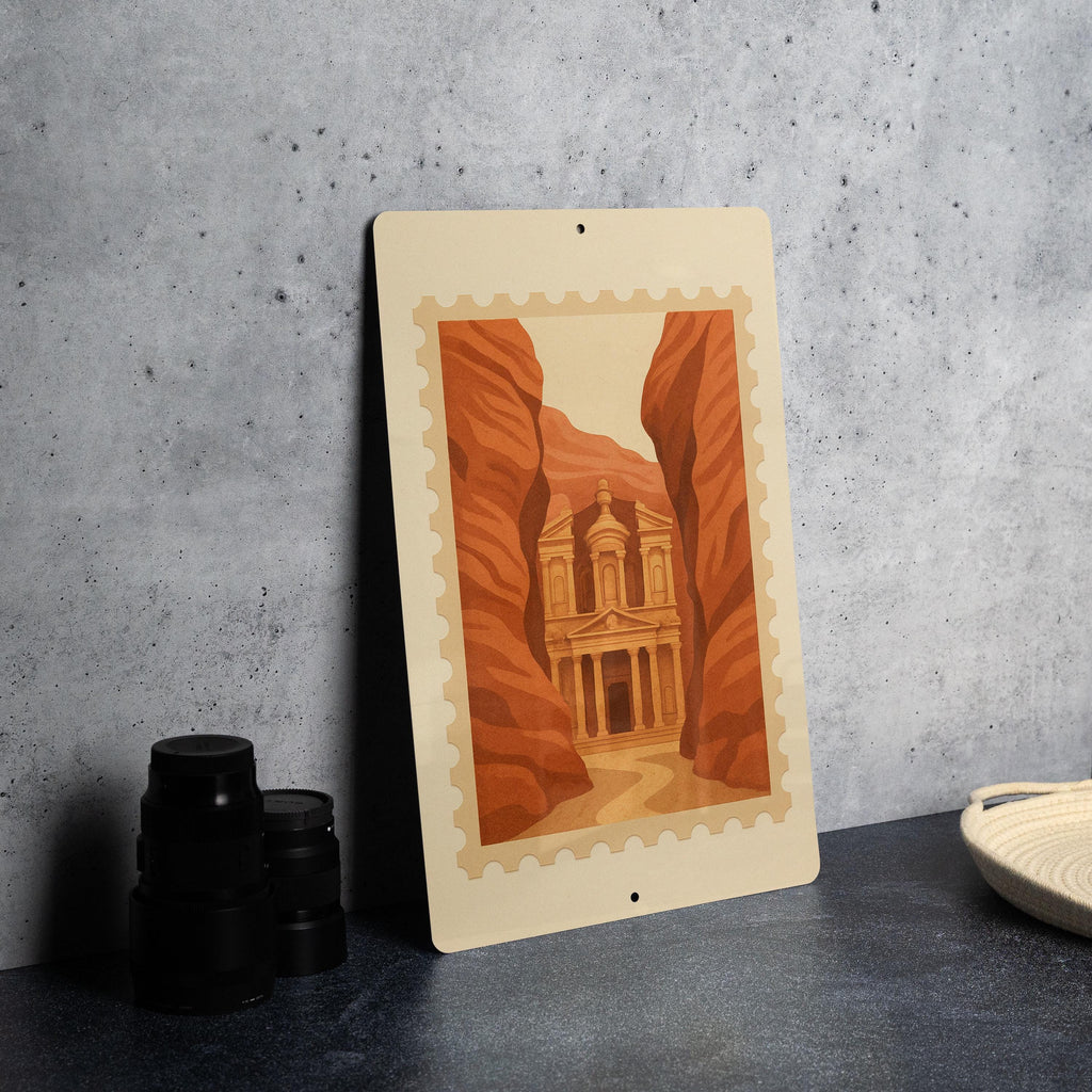Petra Treasury Metal Sign – Vintage Stamp Style Wall Art, Canyon Landmark Decor, Jordan Travel Gift, Rustic Home Accent — photo 3