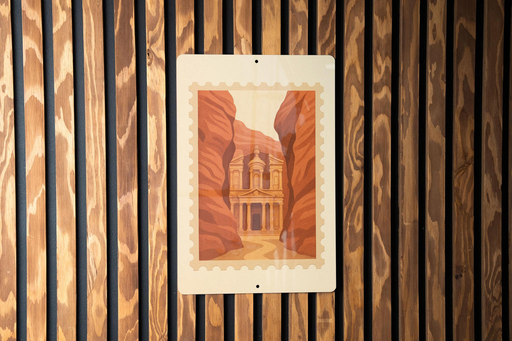 Petra Treasury Metal Sign – Vintage Stamp Style Wall Art, Canyon Landmark Decor, Jordan Travel Gift, Rustic Home Accent — photo 4