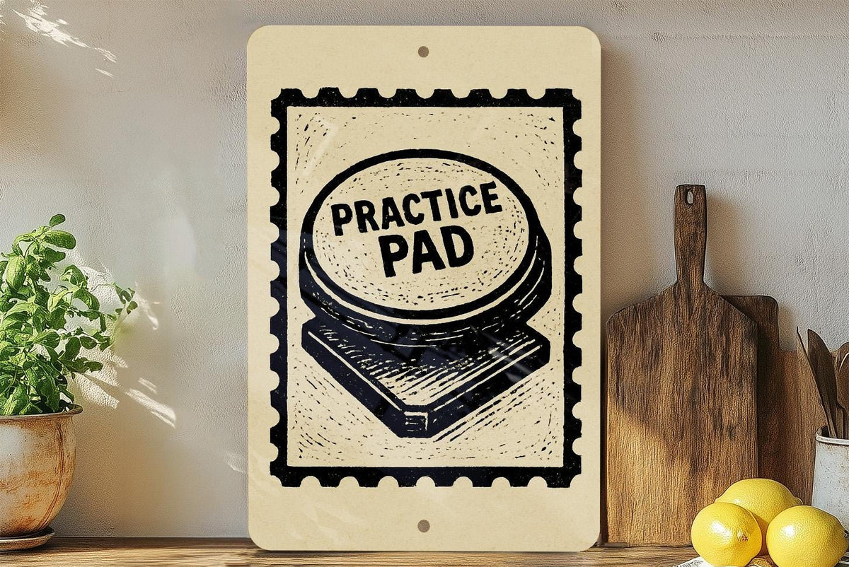 Practice Pad Metal Sign – Vintage Drummer Wall Art, Rustic Drum Practice Room Decor, Music Studio Stamp Style Sign — photo 1