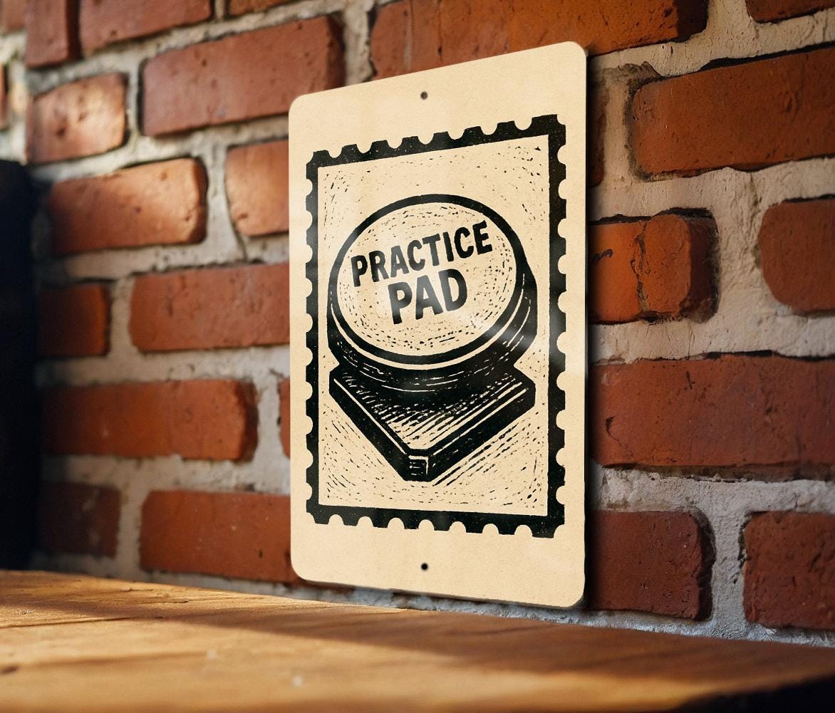 Practice Pad Metal Sign – Vintage Drummer Wall Art, Rustic Drum Practice Room Decor, Music Studio Stamp Style Sign — photo 2