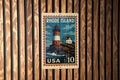 Rhode Island Lighthouse Coastline Metal Sign – Vintage Stamp Style Wall Art for Home, Beach House, or Nautical Decor — photo 1