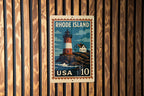 Rhode Island Lighthouse Coastline Metal Sign – Vintage Stamp Style Wall Art for Home, Beach House, or Nautical Decor — photo 1