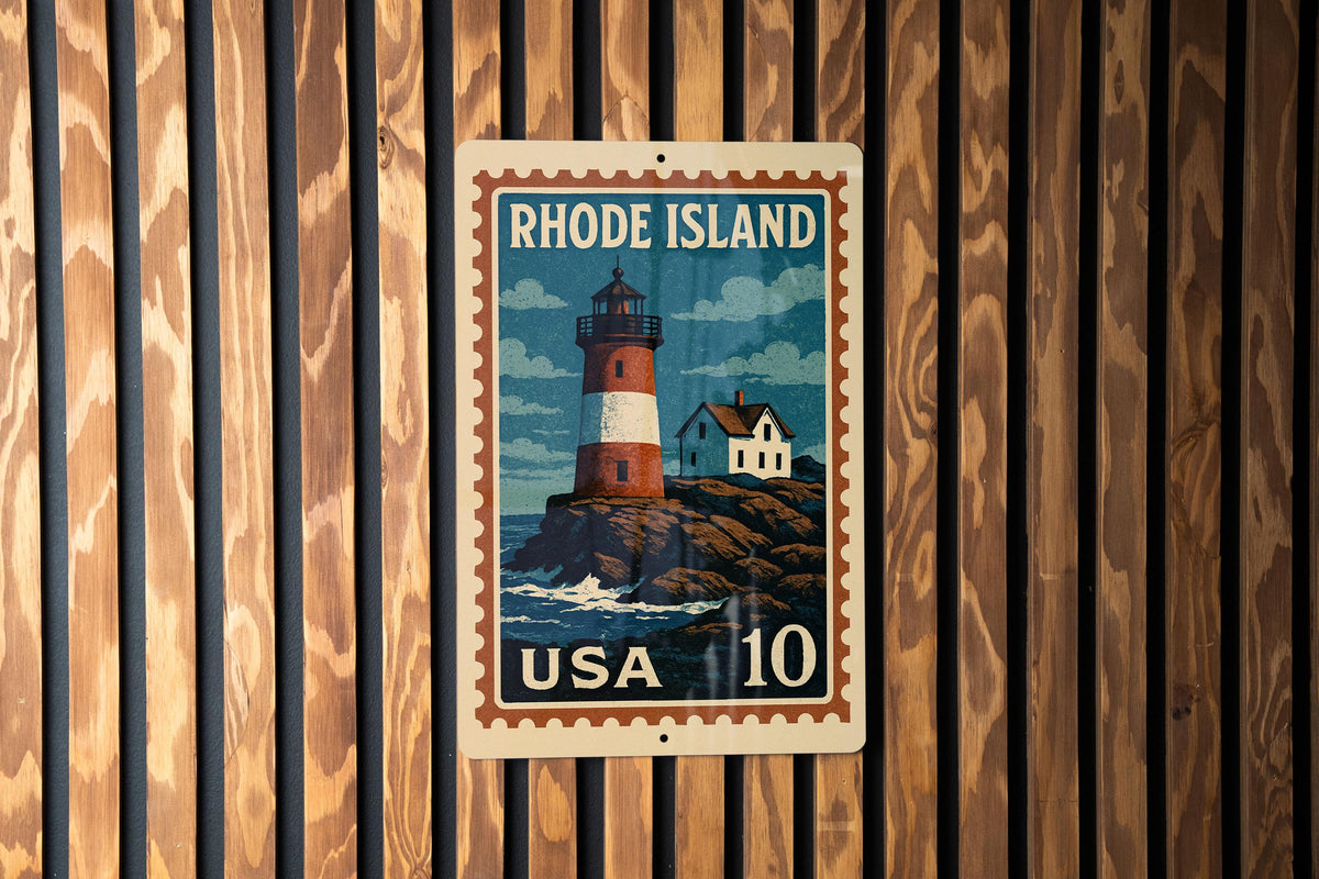 Rhode Island Lighthouse Coastline Metal Sign – Vintage Stamp Style Wall Art for Home, Beach House, or Nautical Decor — photo 1