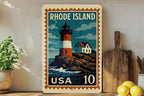 Rhode Island Lighthouse Coastline Metal Sign – Vintage Stamp Style Wall Art for Home, Beach House, or Nautical Decor — photo 2