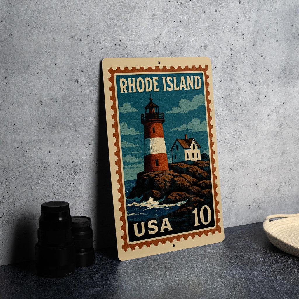 Rhode Island Lighthouse Coastline Metal Sign – Vintage Stamp Style Wall Art for Home, Beach House, or Nautical Decor — photo 3