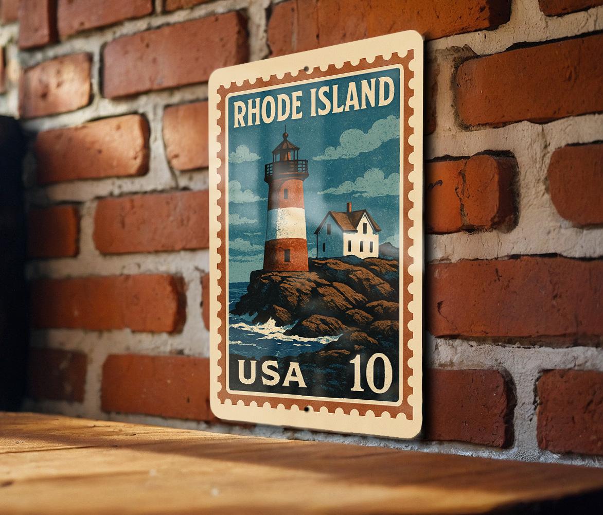 Rhode Island Lighthouse Coastline Metal Sign – Vintage Stamp Style Wall Art for Home, Beach House, or Nautical Decor — photo 4