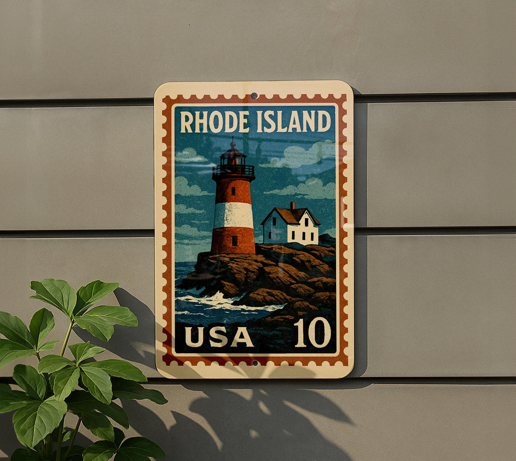 Rhode Island Lighthouse Coastline Metal Sign – Vintage Stamp Style Wall Art for Home, Beach House, or Nautical Decor — photo 5