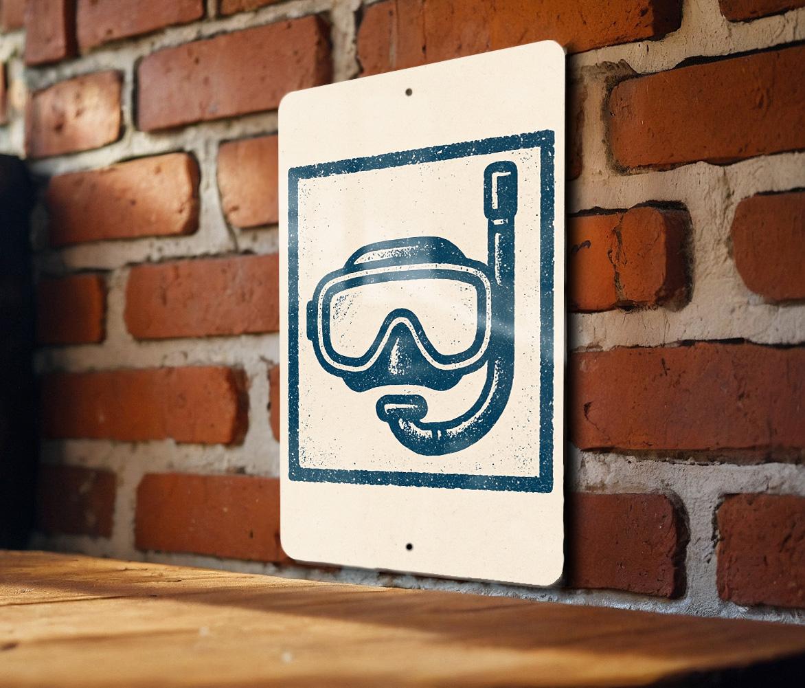 Vintage Snorkel Mask Metal Sign – Scuba Diving Wall Art, Nautical Decor, Retro Diving Helmet Stamp Style Print — photo 3