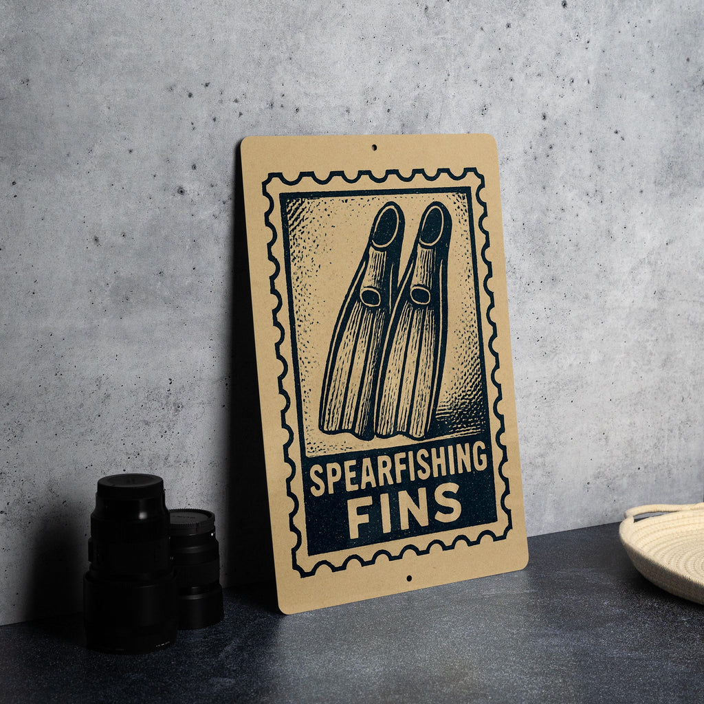 Spearfishing Fins Metal Sign – Vintage Stamp Style Wall Art for Divers, Rustic Ocean Decor, Scuba Diving Gift for Him — photo 2