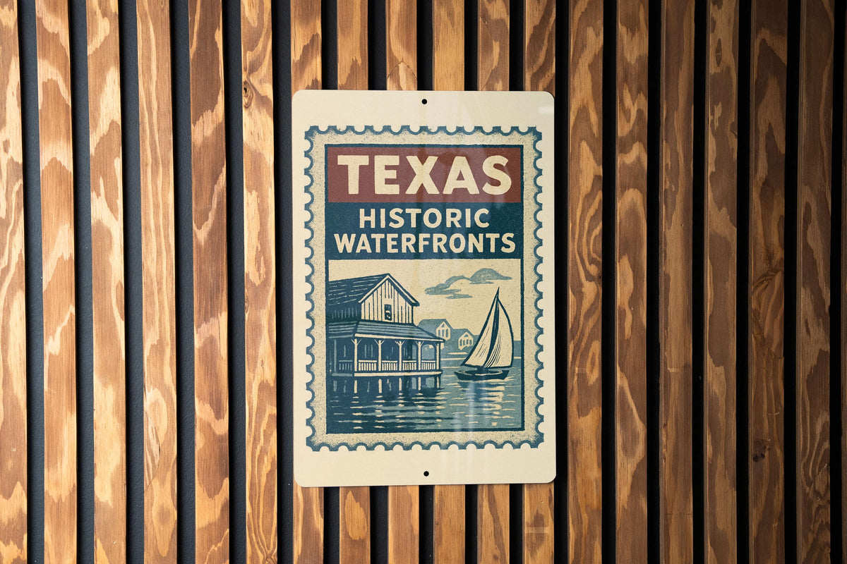 Texas Historic Waterfronts Metal Sign – Vintage Stamp Style Wall Art for Home, Bar, Office, Man Cave, Rustic Texas Decor — photo 2
