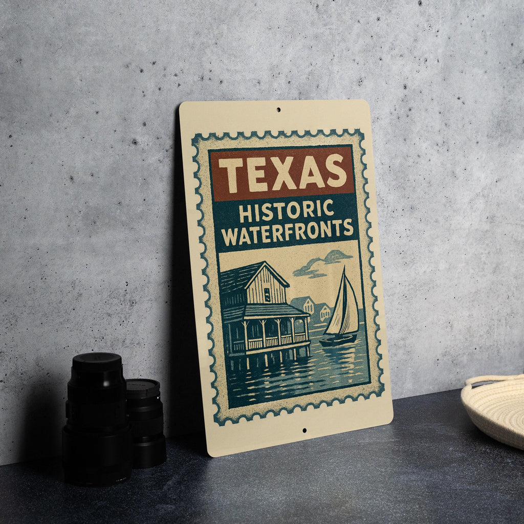 Texas Historic Waterfronts Metal Sign – Vintage Stamp Style Wall Art for Home, Bar, Office, Man Cave, Rustic Texas Decor — photo 3