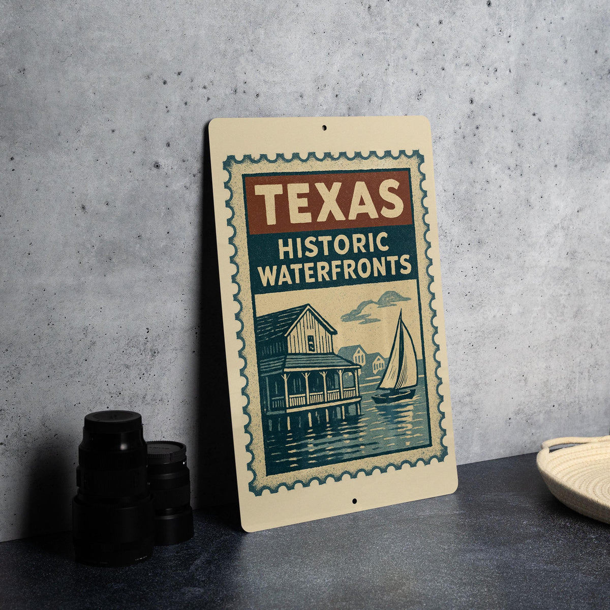 Texas Historic Waterfronts Metal Sign – Vintage Stamp Style Wall Art for Home, Bar, Office, Man Cave, Rustic Texas Decor — photo 3