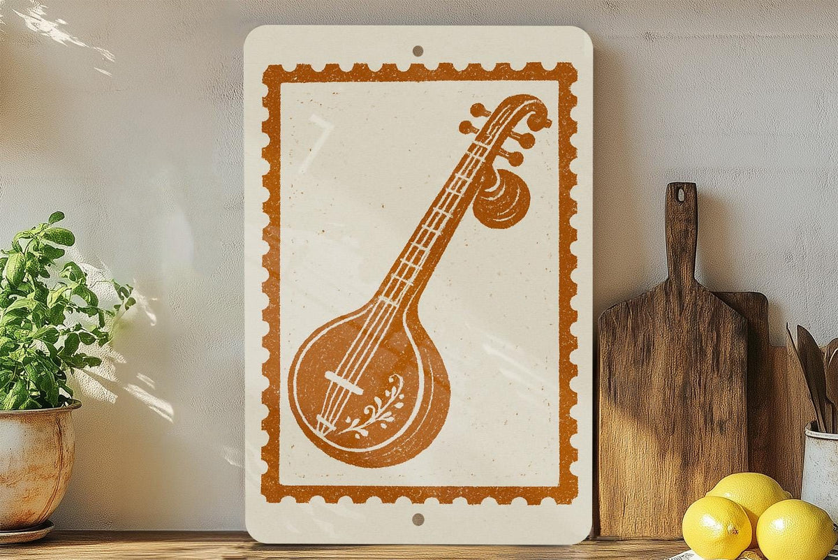 Veena Stamp Style Metal Wall Art Sign – Indian Musical Instrument Decor, Vintage Music Room or Studio Wall Hanging — photo 1