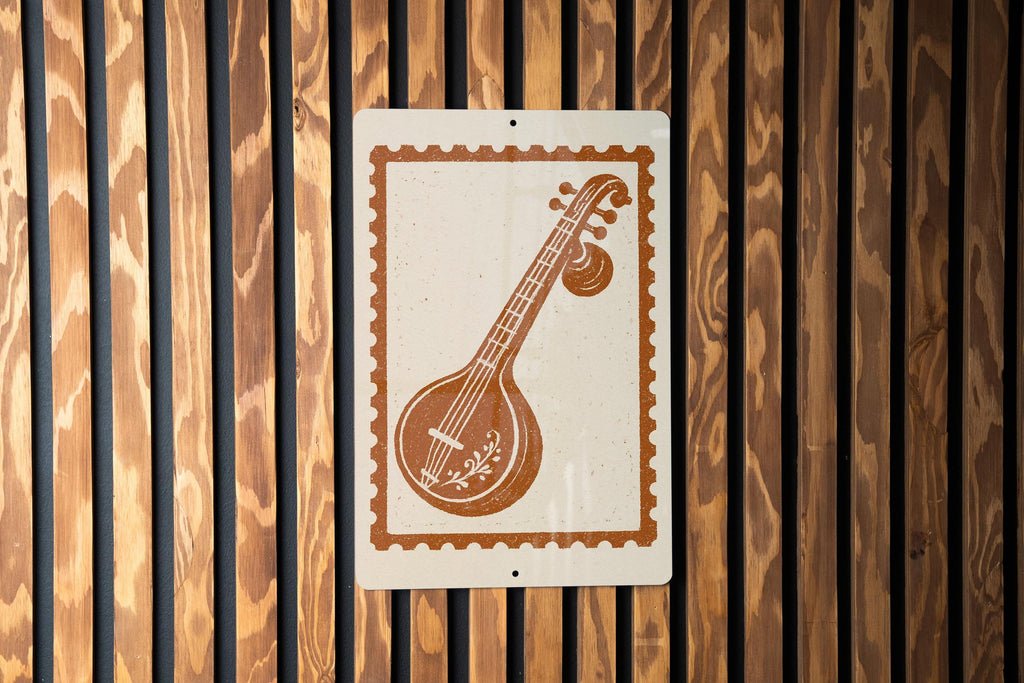 Veena Stamp Style Metal Wall Art Sign – Indian Musical Instrument Decor, Vintage Music Room or Studio Wall Hanging — photo 3