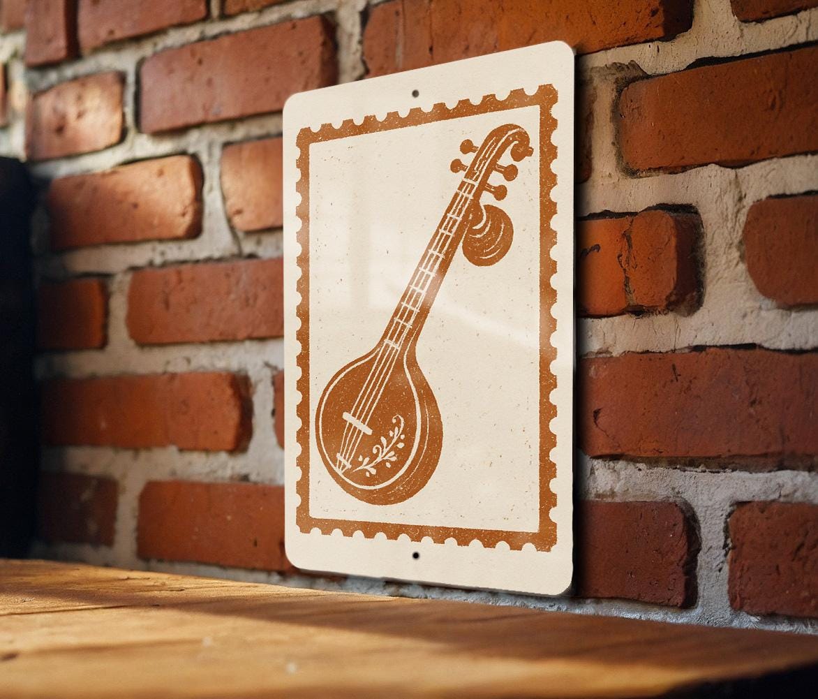 Veena Stamp Style Metal Wall Art Sign – Indian Musical Instrument Decor, Vintage Music Room or Studio Wall Hanging — photo 4