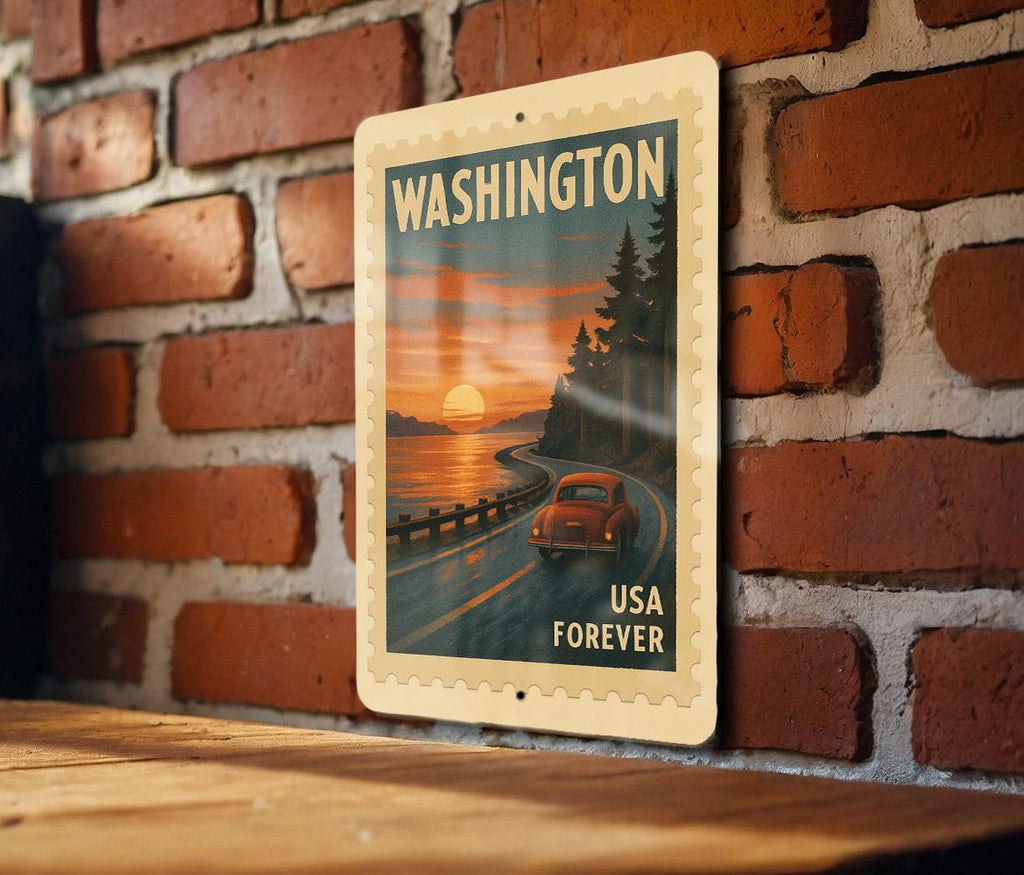 Washington Bayfront Sunset Drive Metal Sign – Vintage Stamp Style Wall Art for Beach House, Coastal Decor, Nautical Gift — photo 1