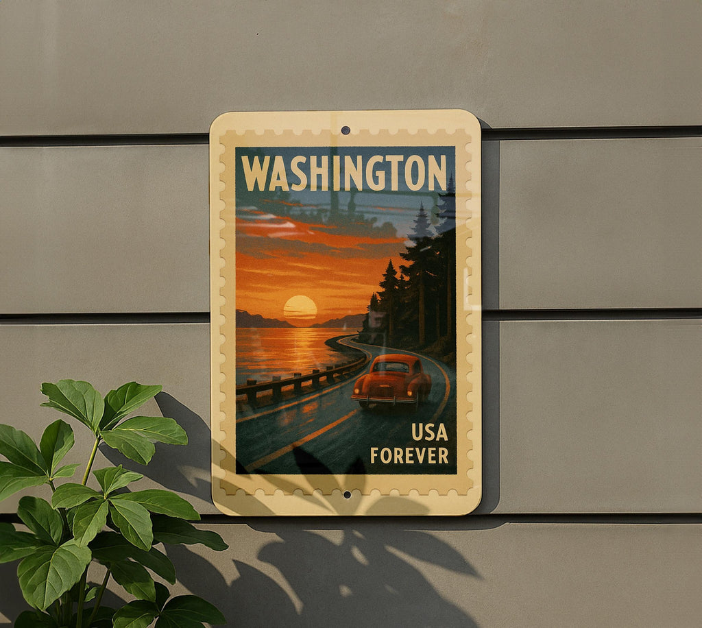 Washington Bayfront Sunset Drive Metal Sign – Vintage Stamp Style Wall Art for Beach House, Coastal Decor, Nautical Gift — photo 5
