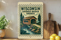 Wisconsin Covered Bridge Shores Metal Sign – Vintage Stamp Style Wall Art for Home, Cabin, or Rustic Decor — photo 1