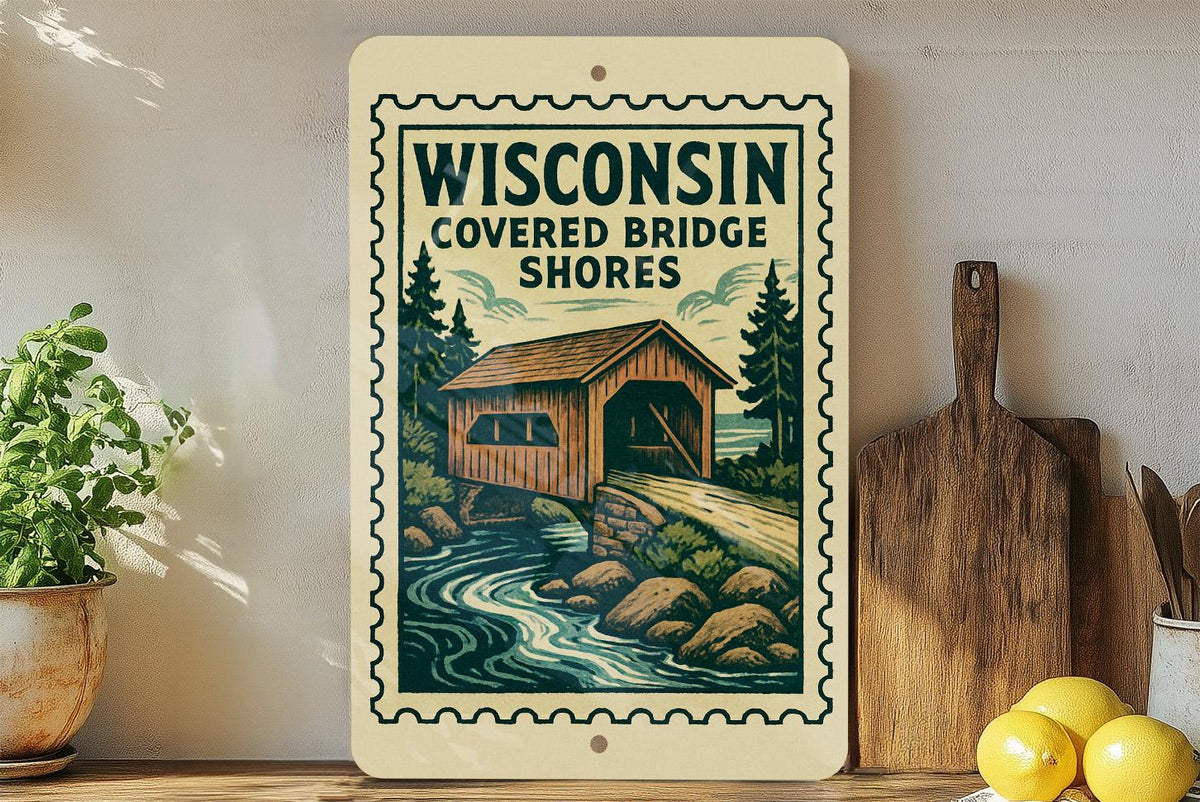 Wisconsin Covered Bridge Shores Metal Sign – Vintage Stamp Style Wall Art for Home, Cabin, or Rustic Decor — photo 1