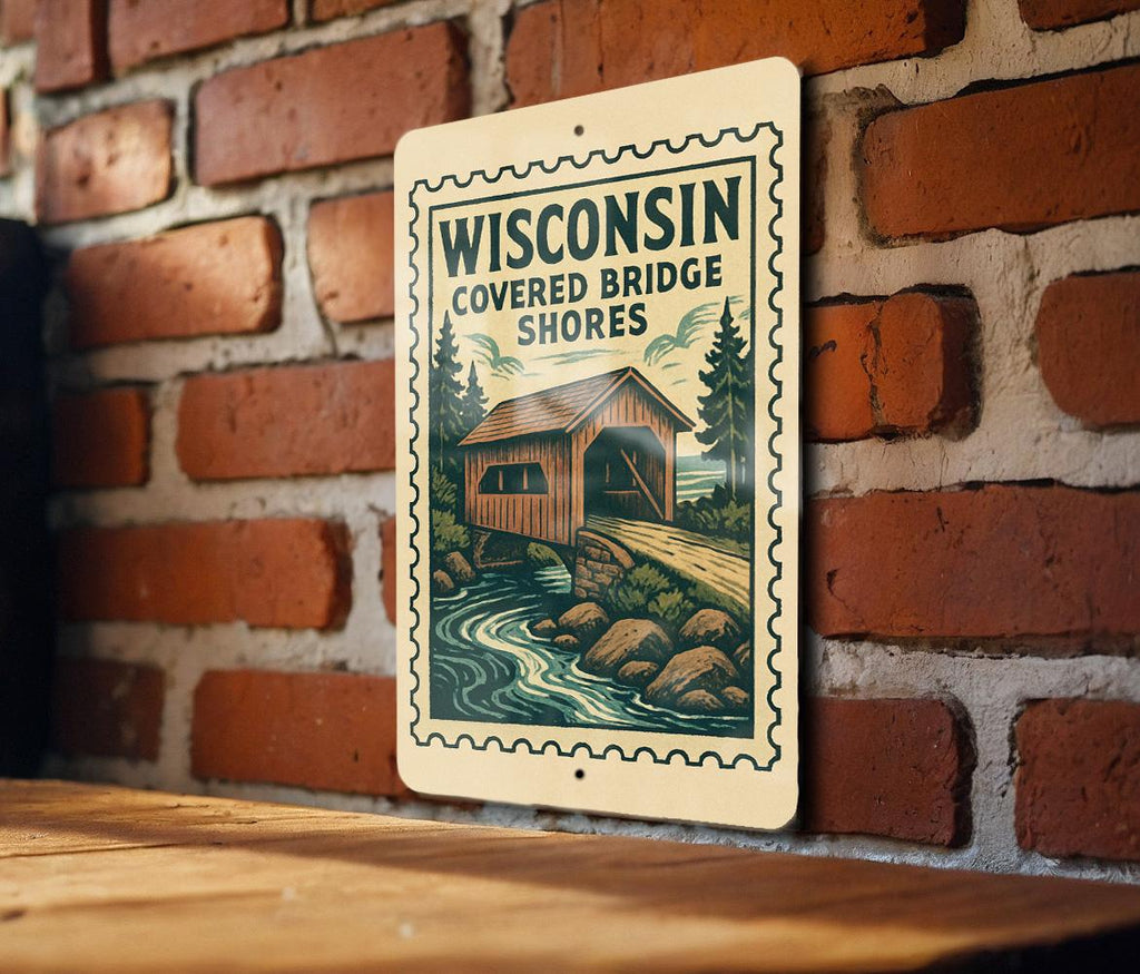 Wisconsin Covered Bridge Shores Metal Sign – Vintage Stamp Style Wall Art for Home, Cabin, or Rustic Decor — photo 3