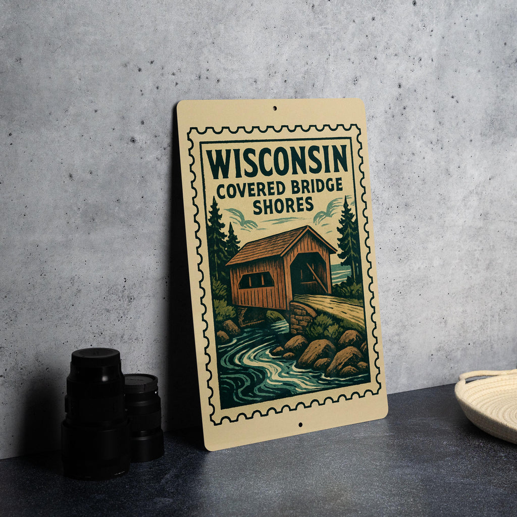 Wisconsin Covered Bridge Shores Metal Sign – Vintage Stamp Style Wall Art for Home, Cabin, or Rustic Decor — photo 4