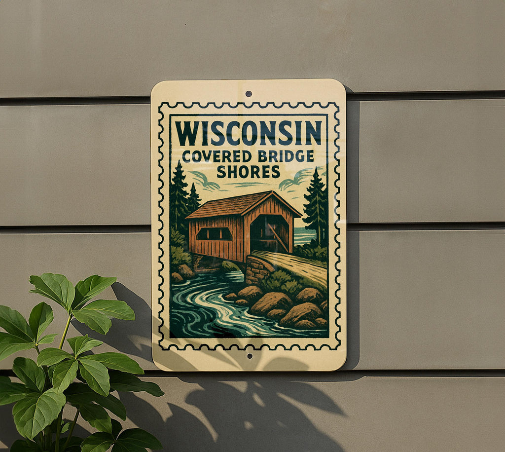 Wisconsin Covered Bridge Shores Metal Sign – Vintage Stamp Style Wall Art for Home, Cabin, or Rustic Decor — photo 5