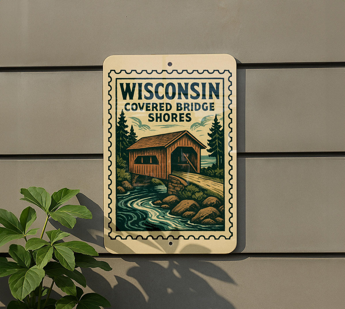 Wisconsin Covered Bridge Shores Metal Sign – Vintage Stamp Style Wall Art for Home, Cabin, or Rustic Decor — photo 5