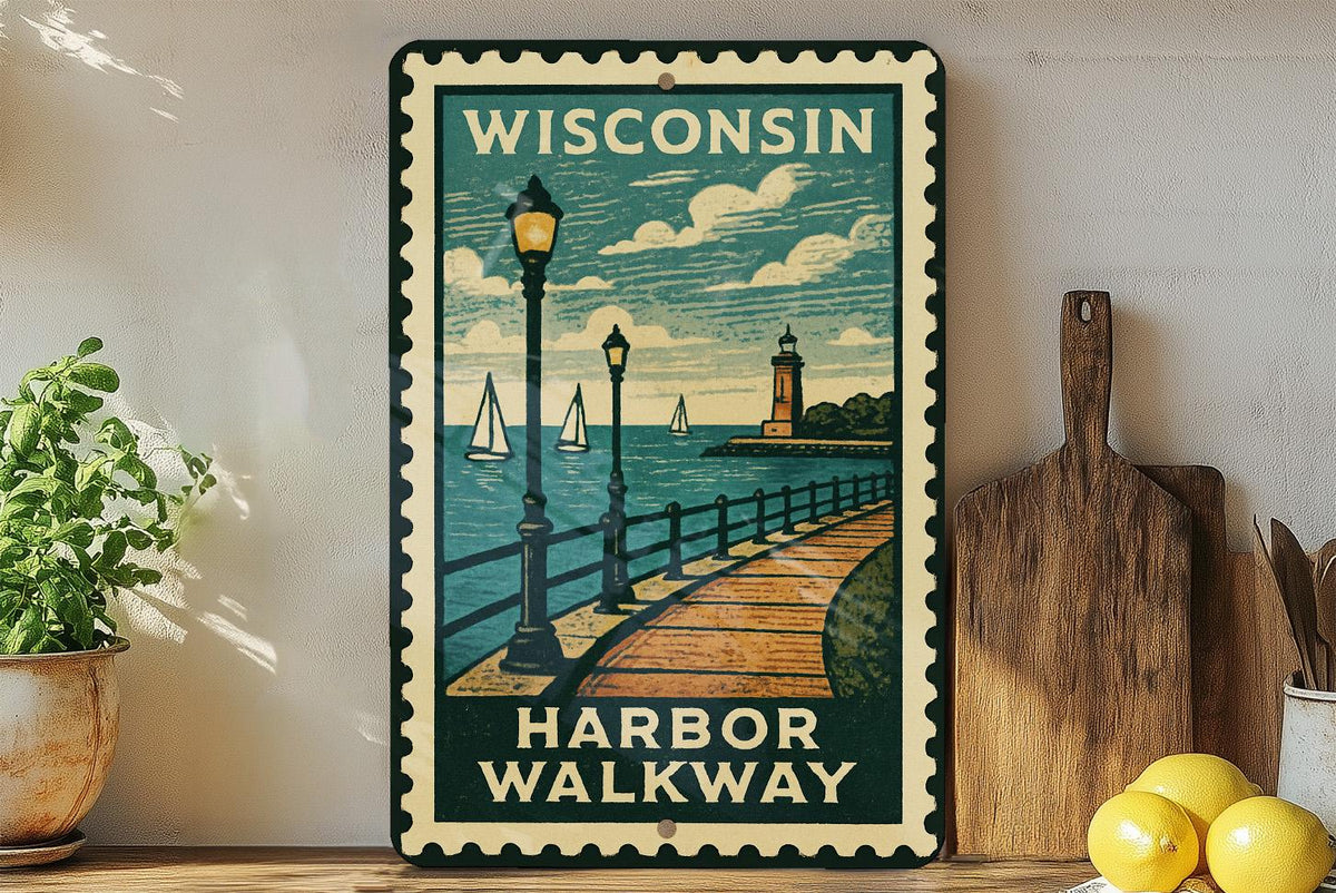 Wisconsin Harbor Walkway Metal Sign – Vintage Stamp Style Wall Art for Home, Lake House, Cabin, or Nautical Decor — photo 1