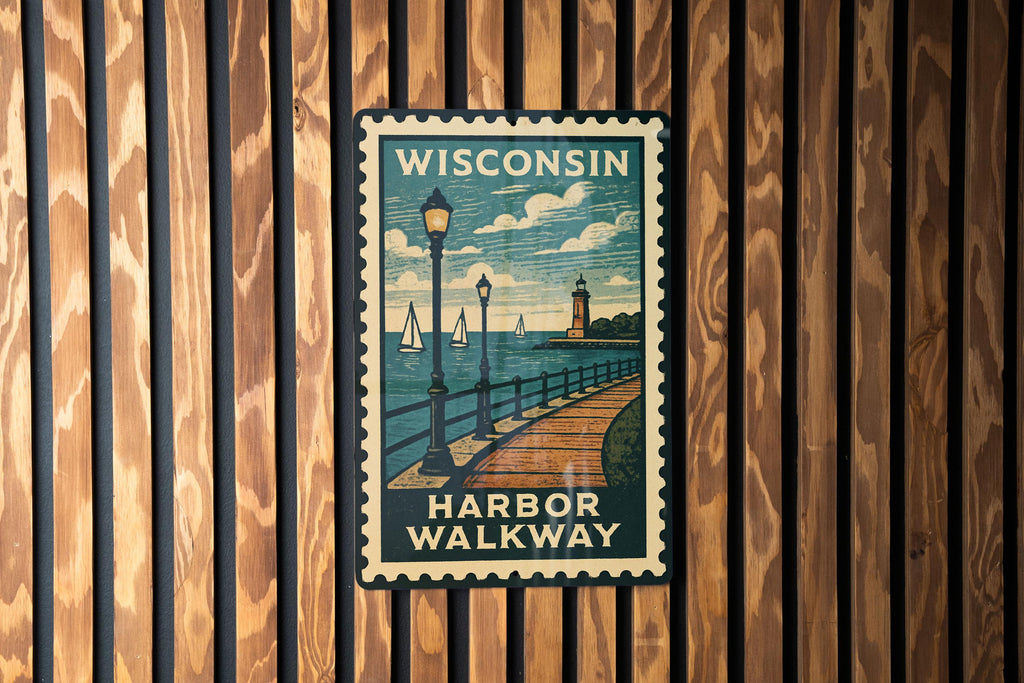 Wisconsin Harbor Walkway Metal Sign – Vintage Stamp Style Wall Art for Home, Lake House, Cabin, or Nautical Decor — photo 2