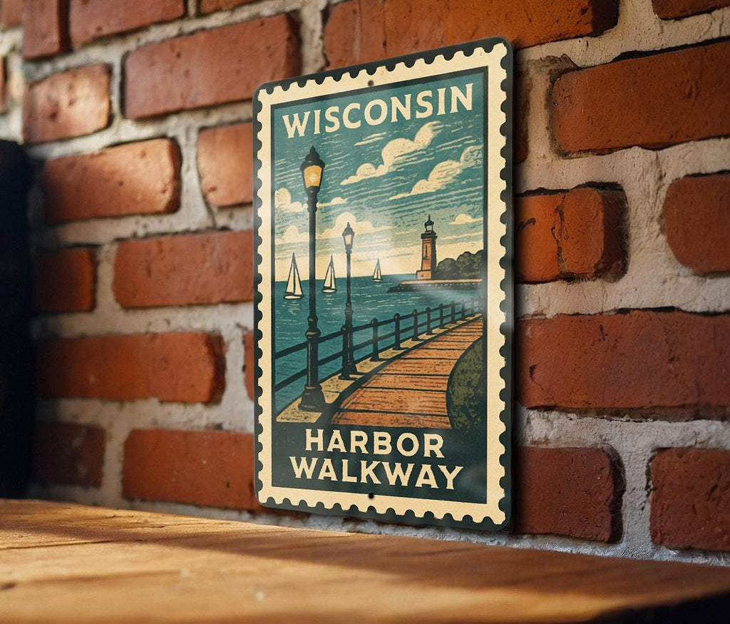 Wisconsin Harbor Walkway Metal Sign – Vintage Stamp Style Wall Art for Home, Lake House, Cabin, or Nautical Decor — photo 4