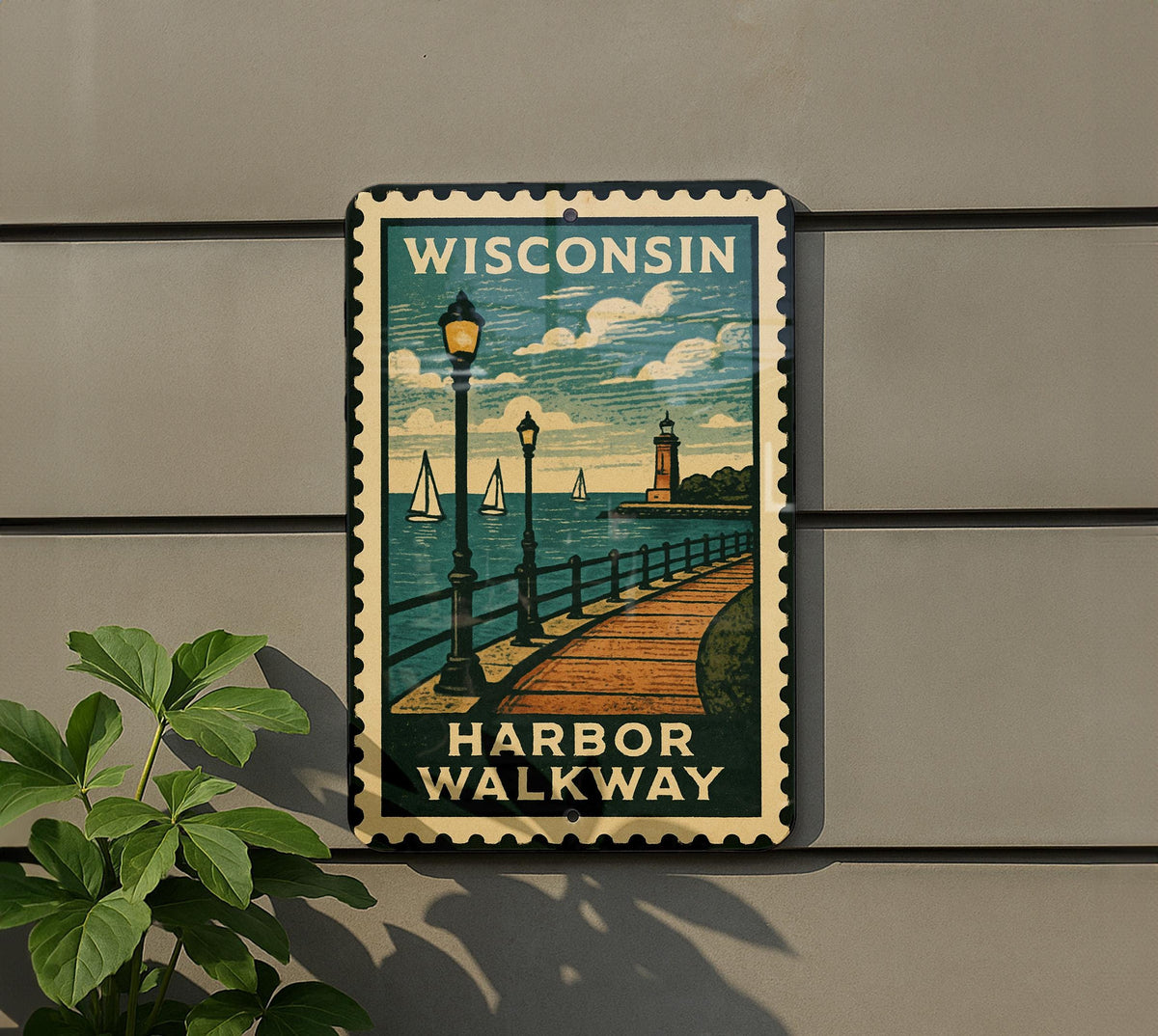 Wisconsin Harbor Walkway Metal Sign – Vintage Stamp Style Wall Art for Home, Lake House, Cabin, or Nautical Decor — photo 5