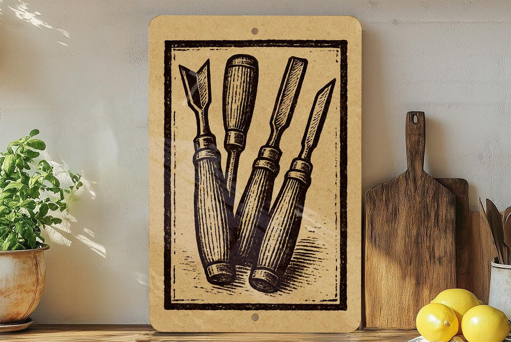 Wood Carving Chisels Metal Sign – Vintage Stamp Style Workshop Decor for Woodworkers, Rustic Garage or Tool Shop Art — photo 1