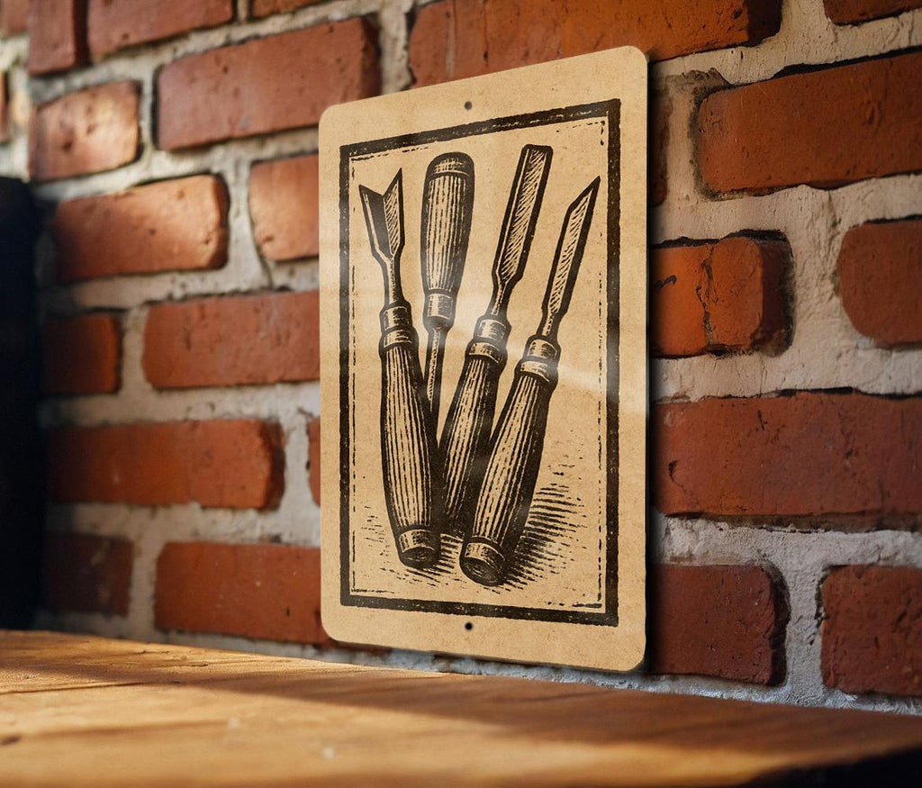 Wood Carving Chisels Metal Sign – Vintage Stamp Style Workshop Decor for Woodworkers, Rustic Garage or Tool Shop Art — photo 3