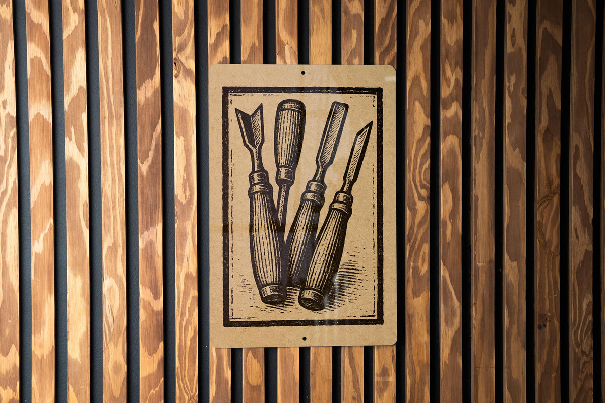 Wood Carving Chisels Metal Sign – Vintage Stamp Style Workshop Decor for Woodworkers, Rustic Garage or Tool Shop Art — photo 4