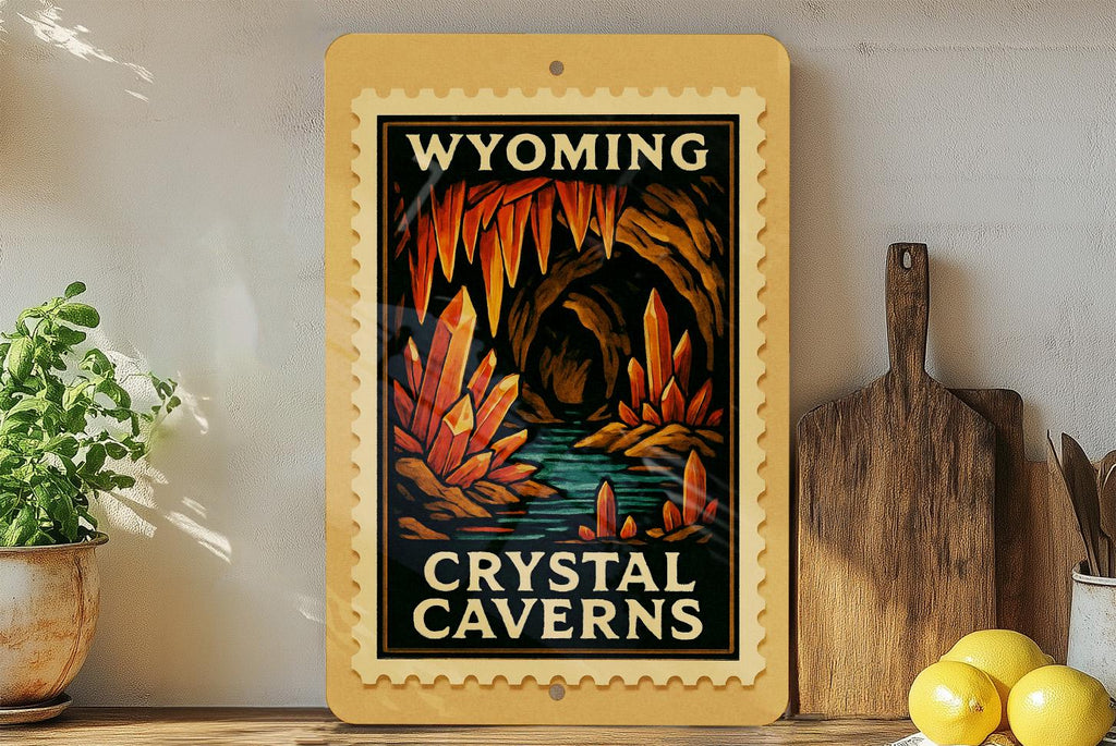 Wyoming Crystal Caverns Metal Sign – Vintage Stamp Style Wall Art, Rustic Travel Decor, Retro Wyoming Souvenir Sign — photo 1
