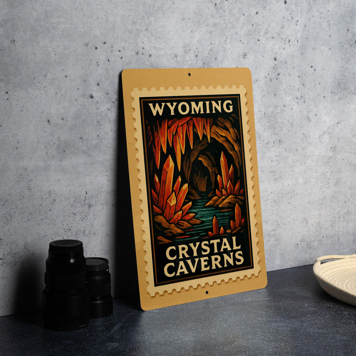 Wyoming Crystal Caverns Metal Sign – Vintage Stamp Style Wall Art, Rustic Travel Decor, Retro Wyoming Souvenir Sign — photo 2