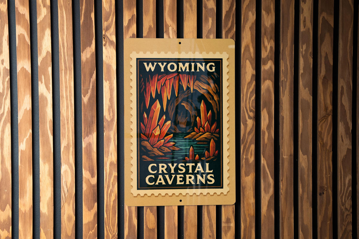 Wyoming Crystal Caverns Metal Sign – Vintage Stamp Style Wall Art, Rustic Travel Decor, Retro Wyoming Souvenir Sign — photo 3