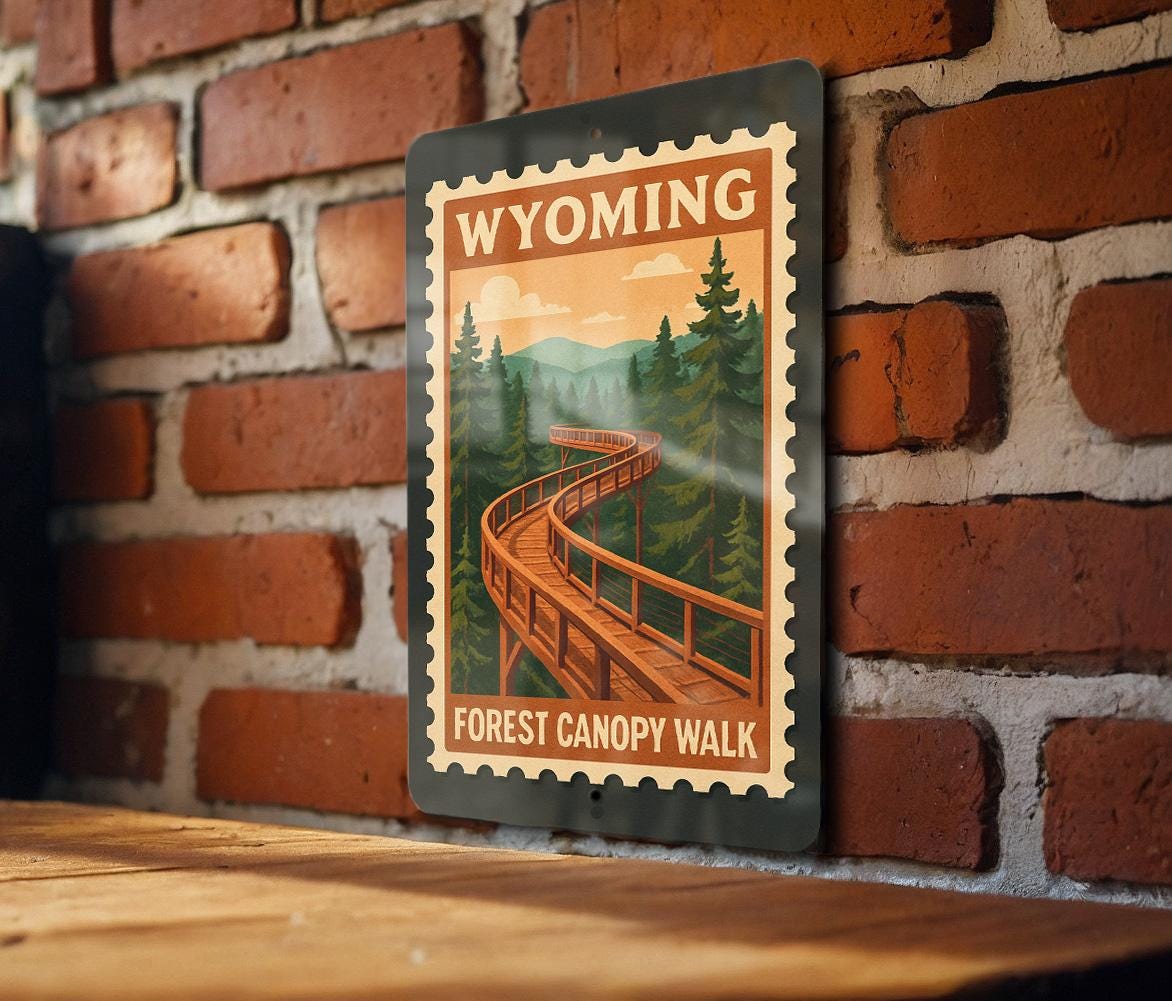 Wyoming Forest Canopy Walk Metal Sign – Rustic Stamp Style Wall Art for Cabin, Lodge, Nature or Outdoor Decor — photo 1