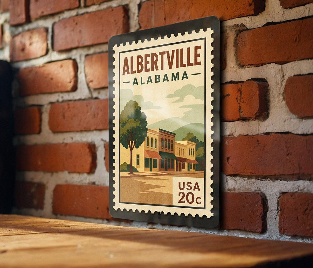 Albertville Alabama Retro Postage Stamp Metal Sign – Vintage-Inspired City Souvenir Wall Decor — photo 2