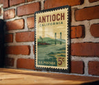 Antioch California Metal Sign – Retro Postage Stamp Design Featuring Iconic City Landmarks and Scenic Views — photo 1