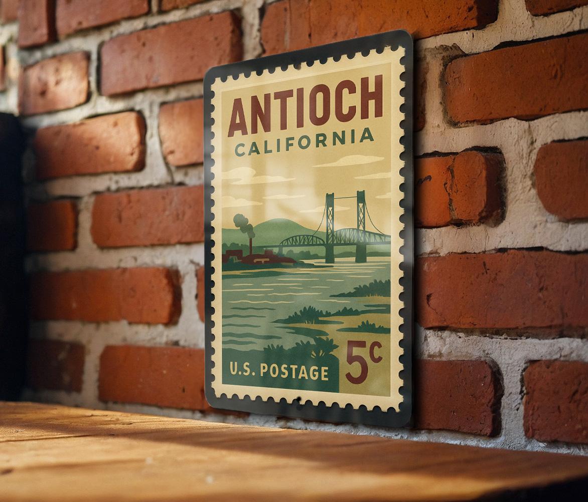 Antioch California Metal Sign – Retro Postage Stamp Design Featuring Iconic City Landmarks and Scenic Views — photo 1