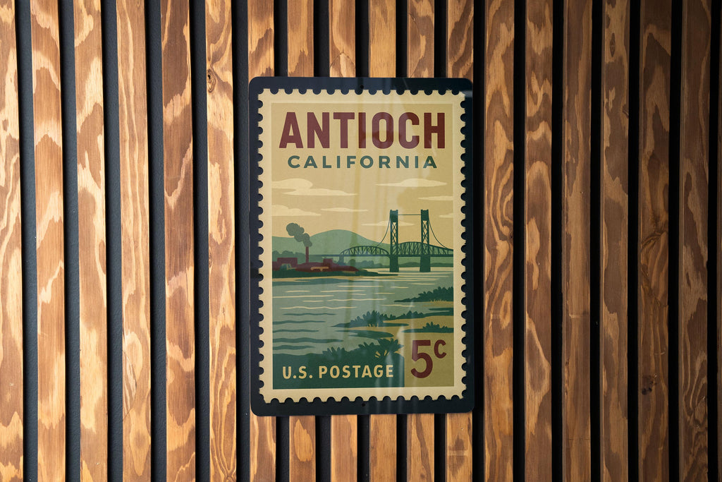 Antioch California Metal Sign – Retro Postage Stamp Design Featuring Iconic City Landmarks and Scenic Views — photo 3