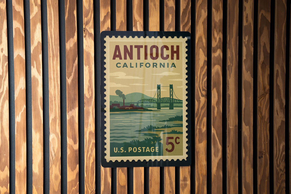 Antioch California Metal Sign – Retro Postage Stamp Design Featuring Iconic City Landmarks and Scenic Views — photo 3