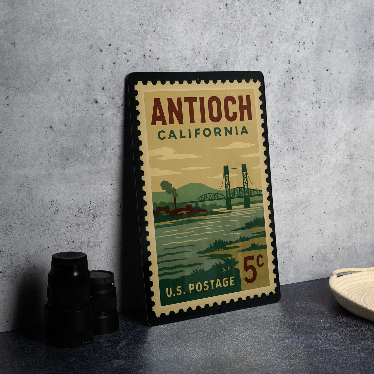 Antioch California Metal Sign – Retro Postage Stamp Design Featuring Iconic City Landmarks and Scenic Views — photo 4