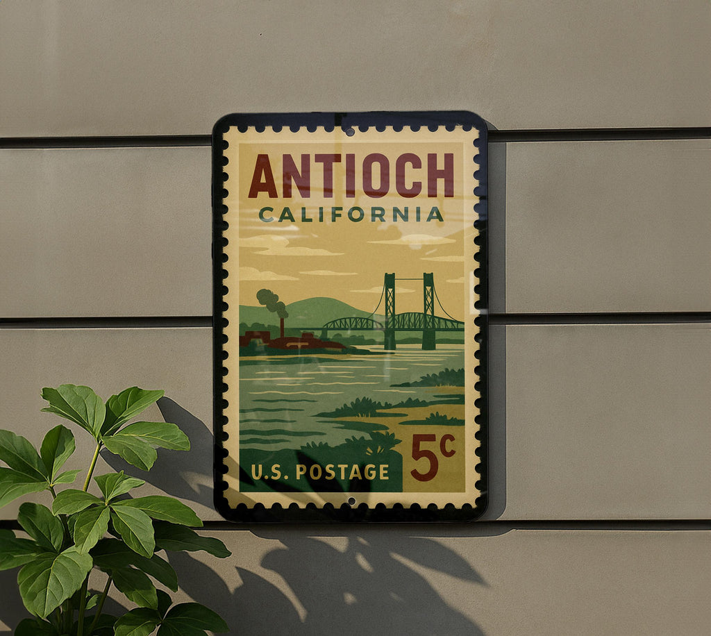 Antioch California Metal Sign – Retro Postage Stamp Design Featuring Iconic City Landmarks and Scenic Views — photo 5