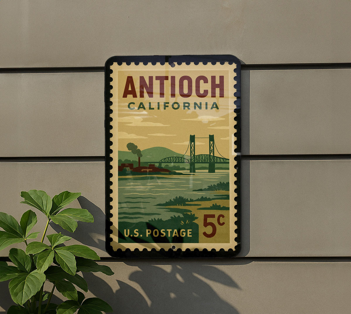 Antioch California Metal Sign – Retro Postage Stamp Design Featuring Iconic City Landmarks and Scenic Views — photo 5